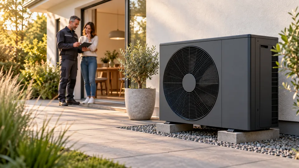 Wärmepumpe neben dem Haus und Beratungsgespräch an der geöffneten Gartentür