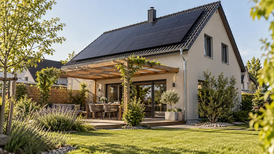 Einfamilienhaus mit Photovoltaikmodulen auf dem geneigten Dach