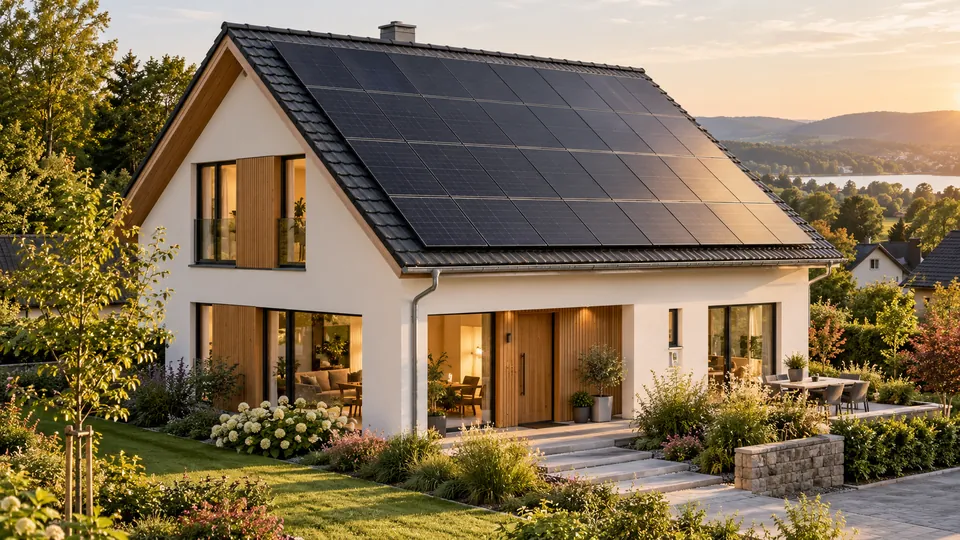 Photovoltaikmodule auf dem Satteldach eines modernen Hauses mit Garten