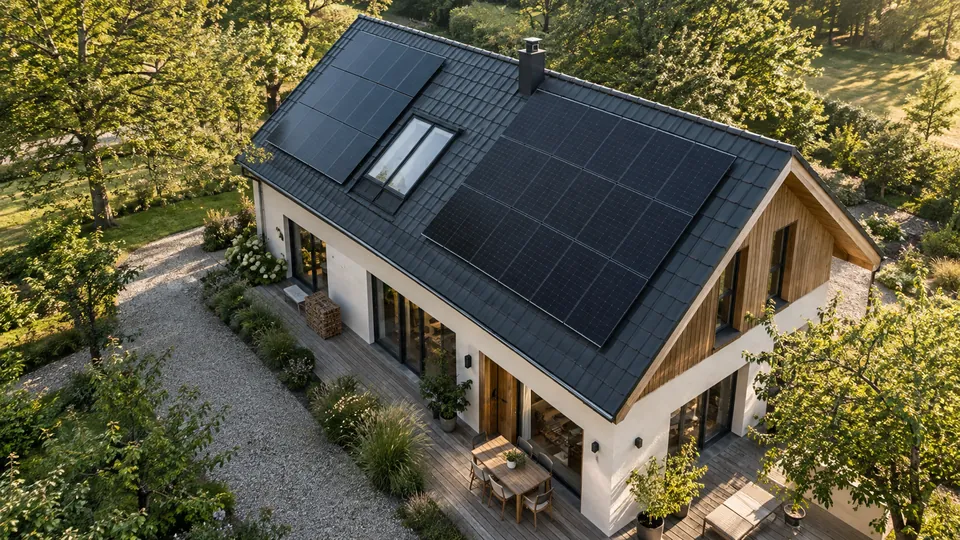 Photovoltaikmodule auf zwei Dachflächen eines Hauses aus erhöhter Perspektive