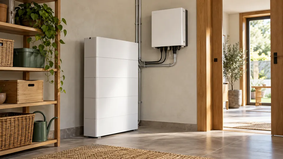 Batteriespeicher und Wechselrichter in einem hellen Hauswirtschaftsraum