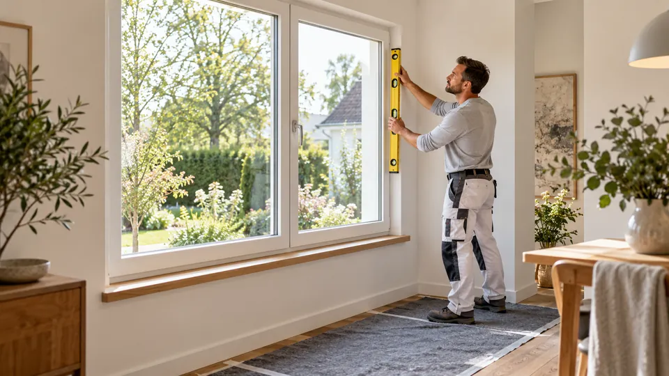 Fenstermonteur prüft einen neuen weißen Fensterrahmen mit einer Wasserwaage
