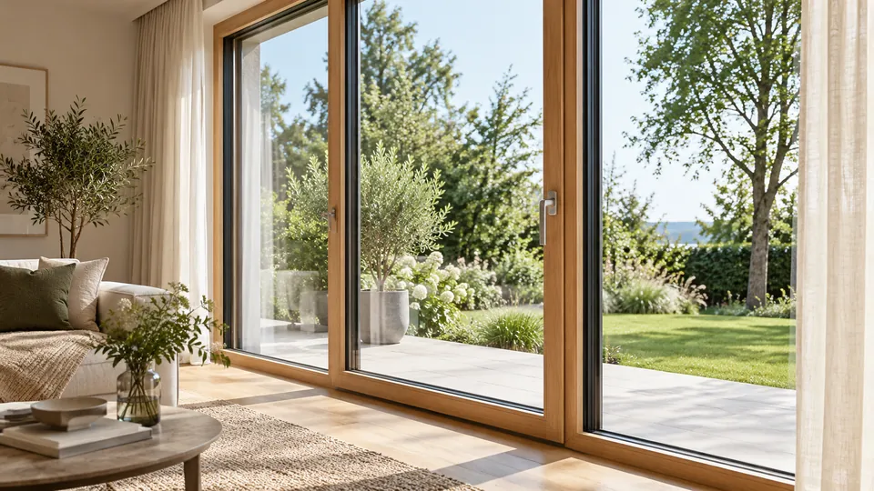 Große Fenster mit hellen Holzrahmen und Gartenblick in einem modernen Wohnraum