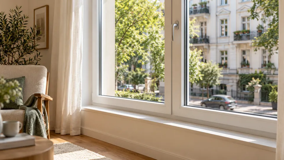 Geschlossenes Fenster mit Blick auf eine baumbestandene Stadtstraße