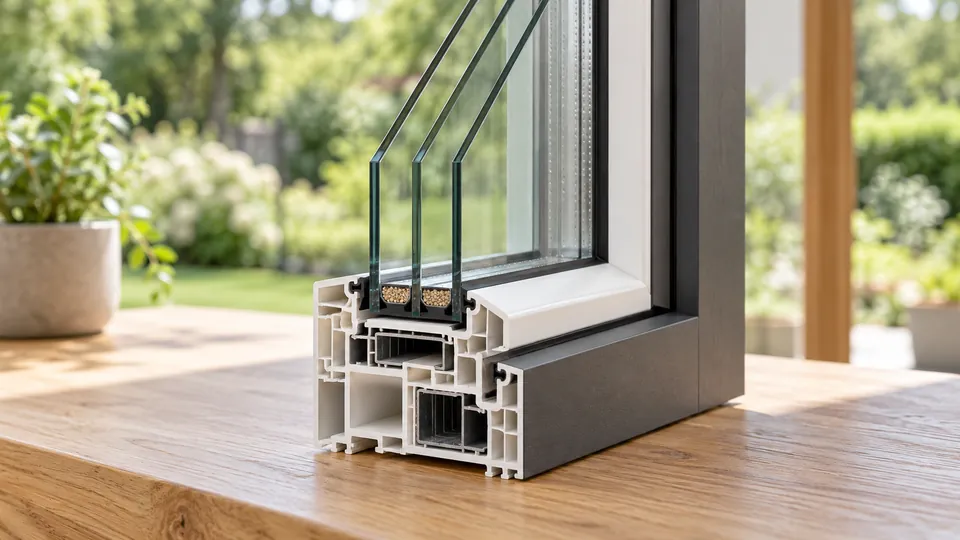 Detail eines Fensterprofils mit mehreren Glasscheiben und Abstandhaltern auf einer Werkbank