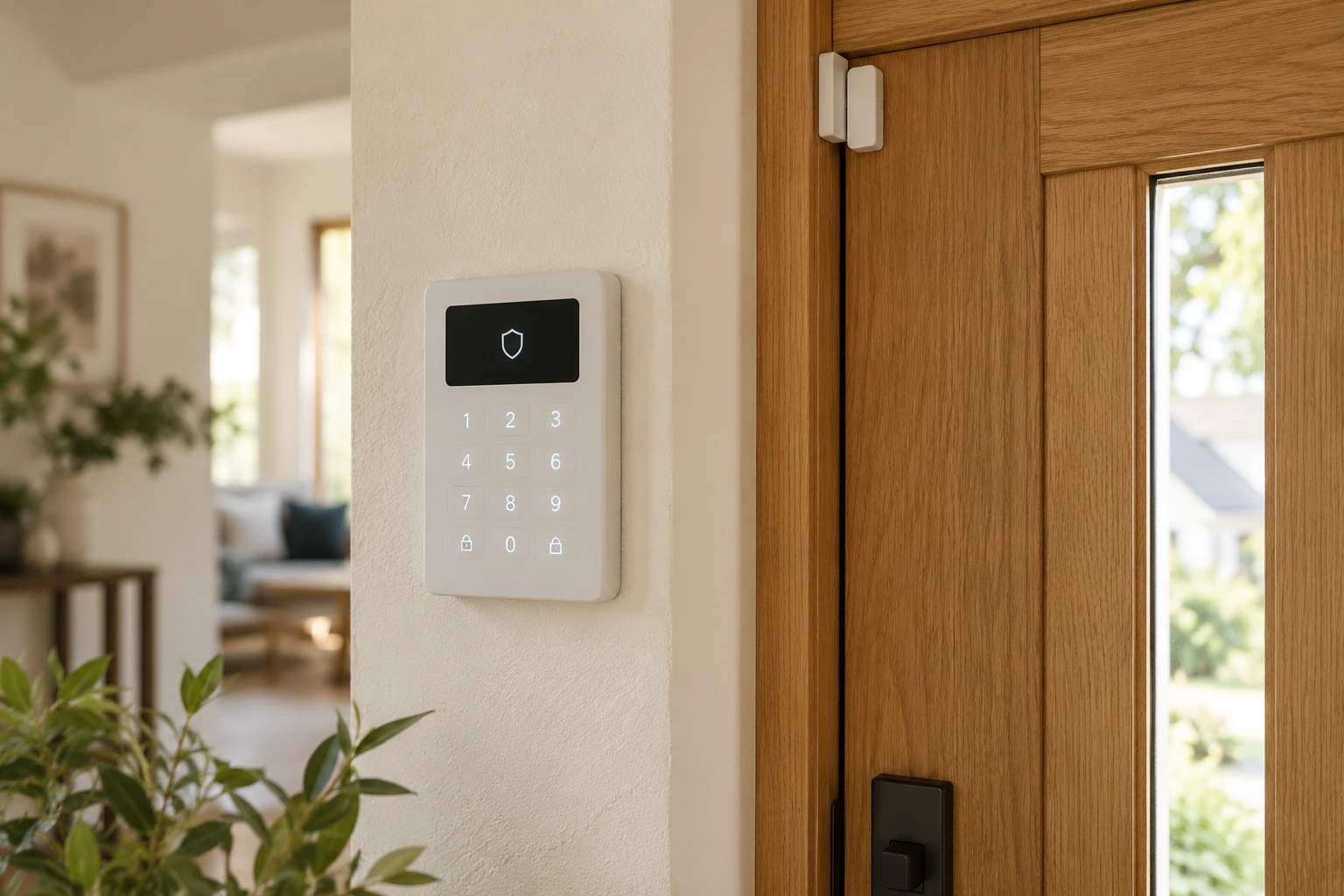 Modernes Alarm-Bedienfeld neben einer Haustür mit dezentem Türkontaktsensor.