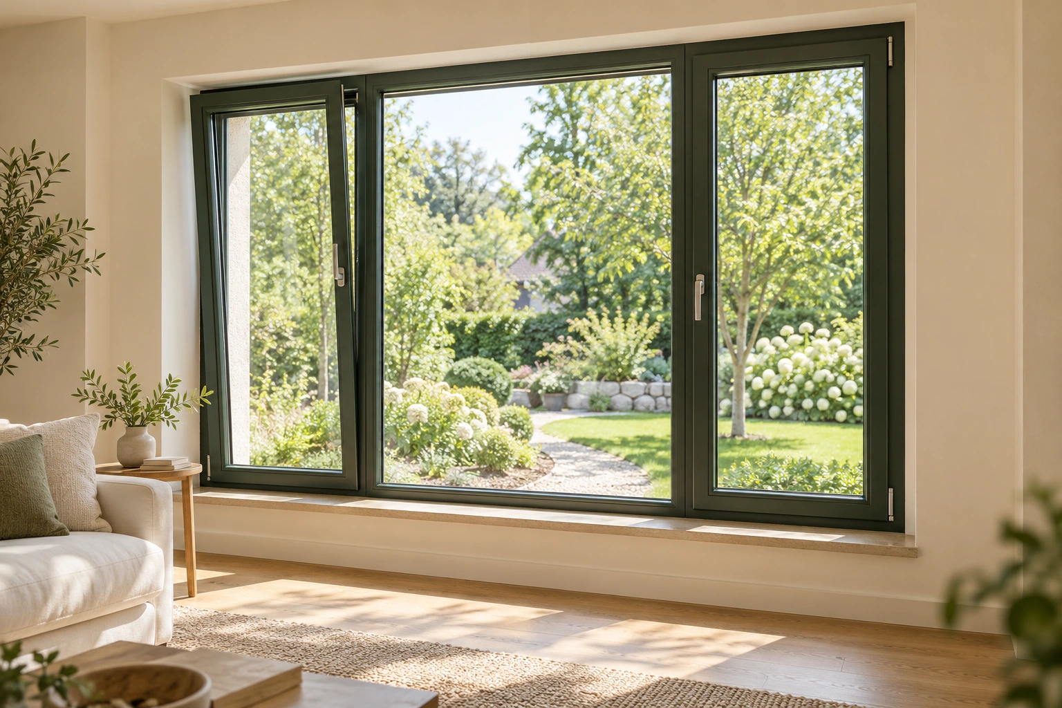 Große moderne Fenster mit dunklen Rahmen, einem gekippten Flügel und Blick in einen grünen Garten.