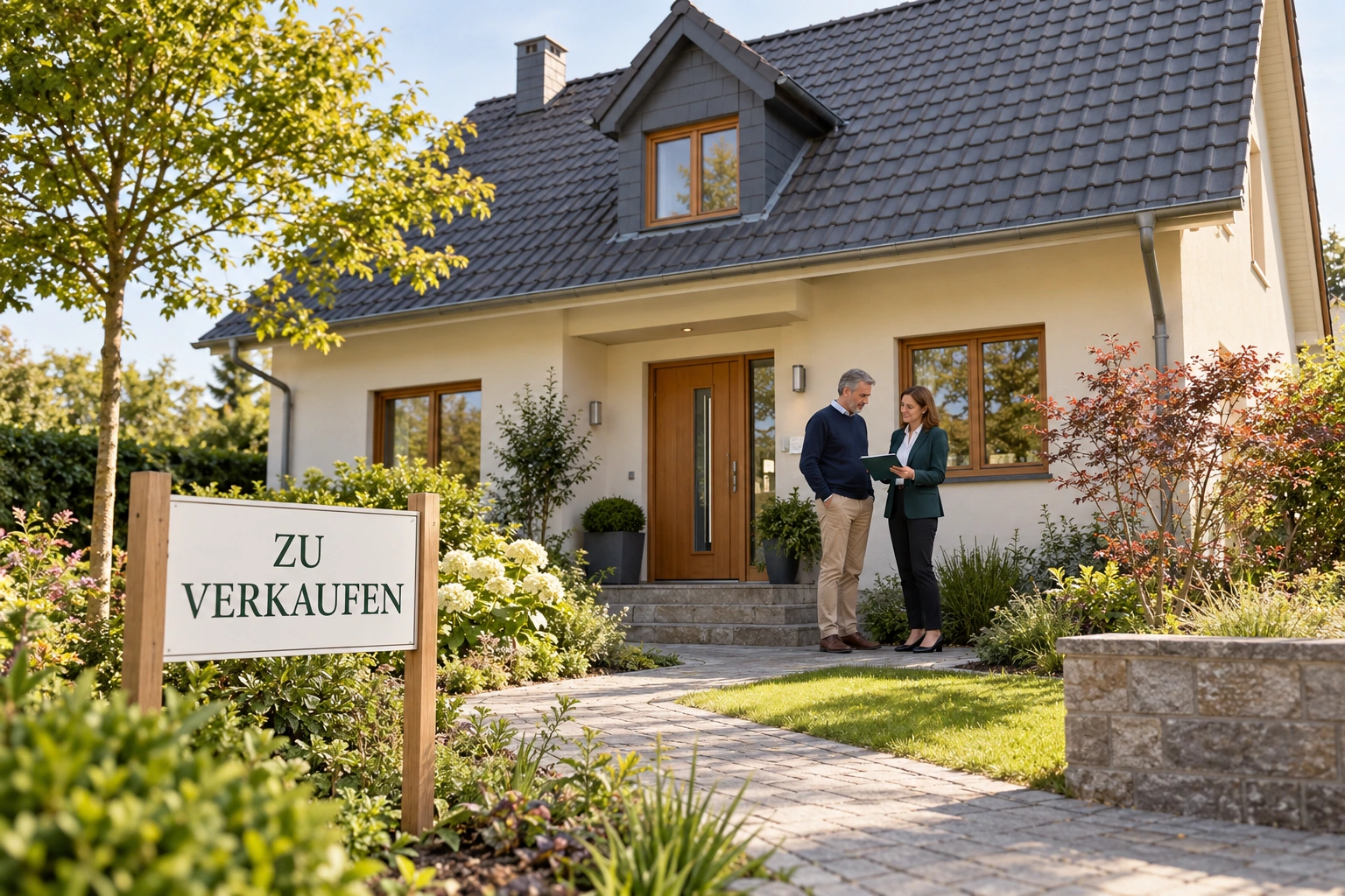 Wohnhaus mit Verkaufsschild und einem Beratungsgespräch zwischen Eigentümer und Immobilienmaklerin.