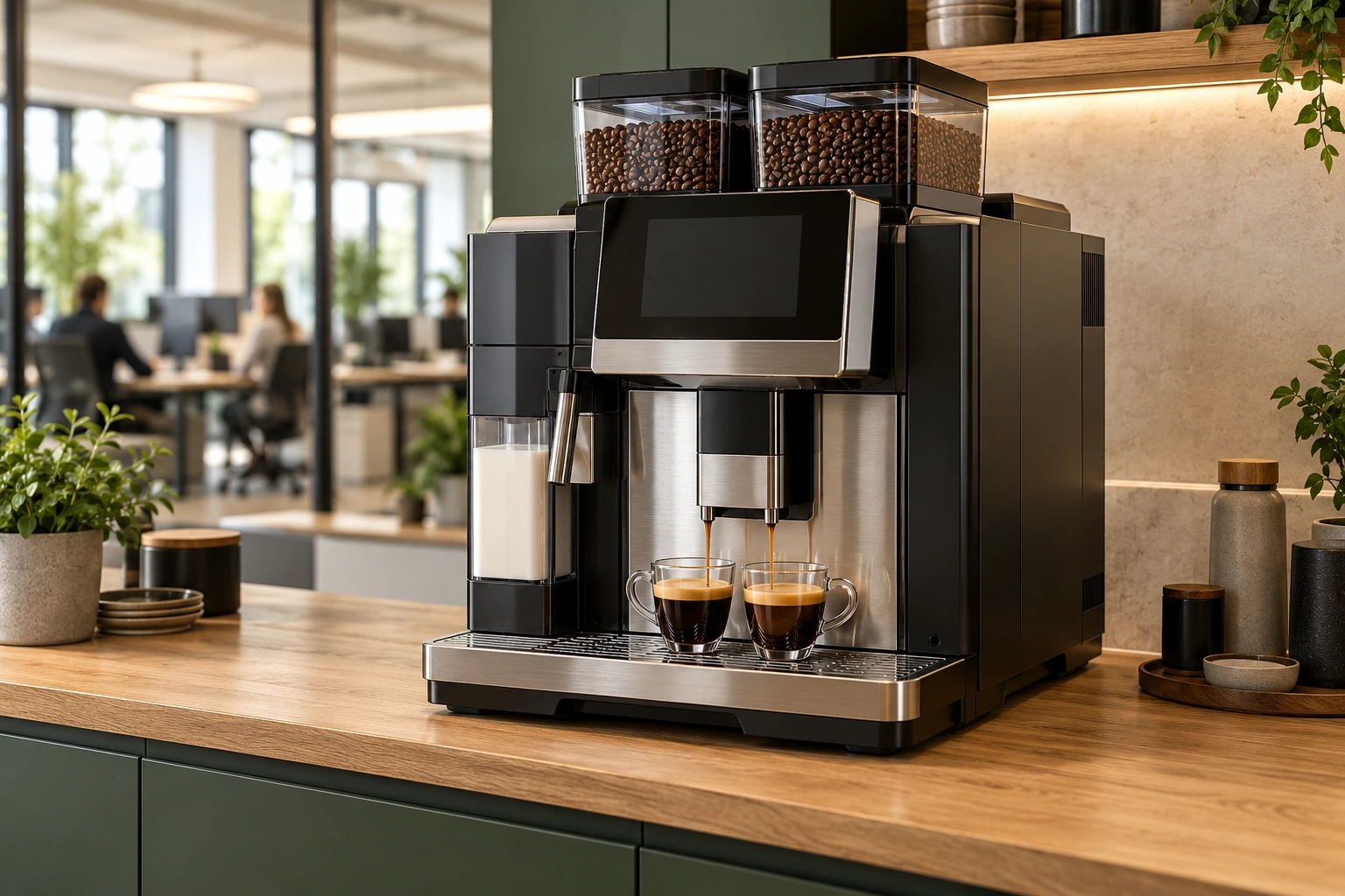 Professioneller Kaffeevollautomat mit Bohnenbehältern und zwei Espressotassen in einer modernen Büroküche.