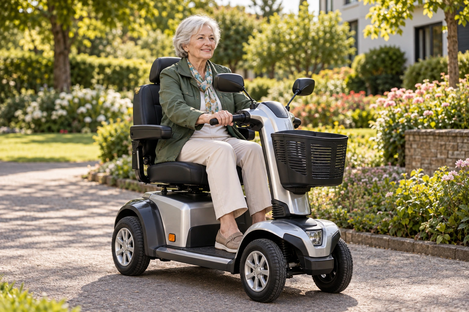 Ältere Dame auf einem vierrädrigen Elektromobil auf einem gepflegten Weg im Grünen.