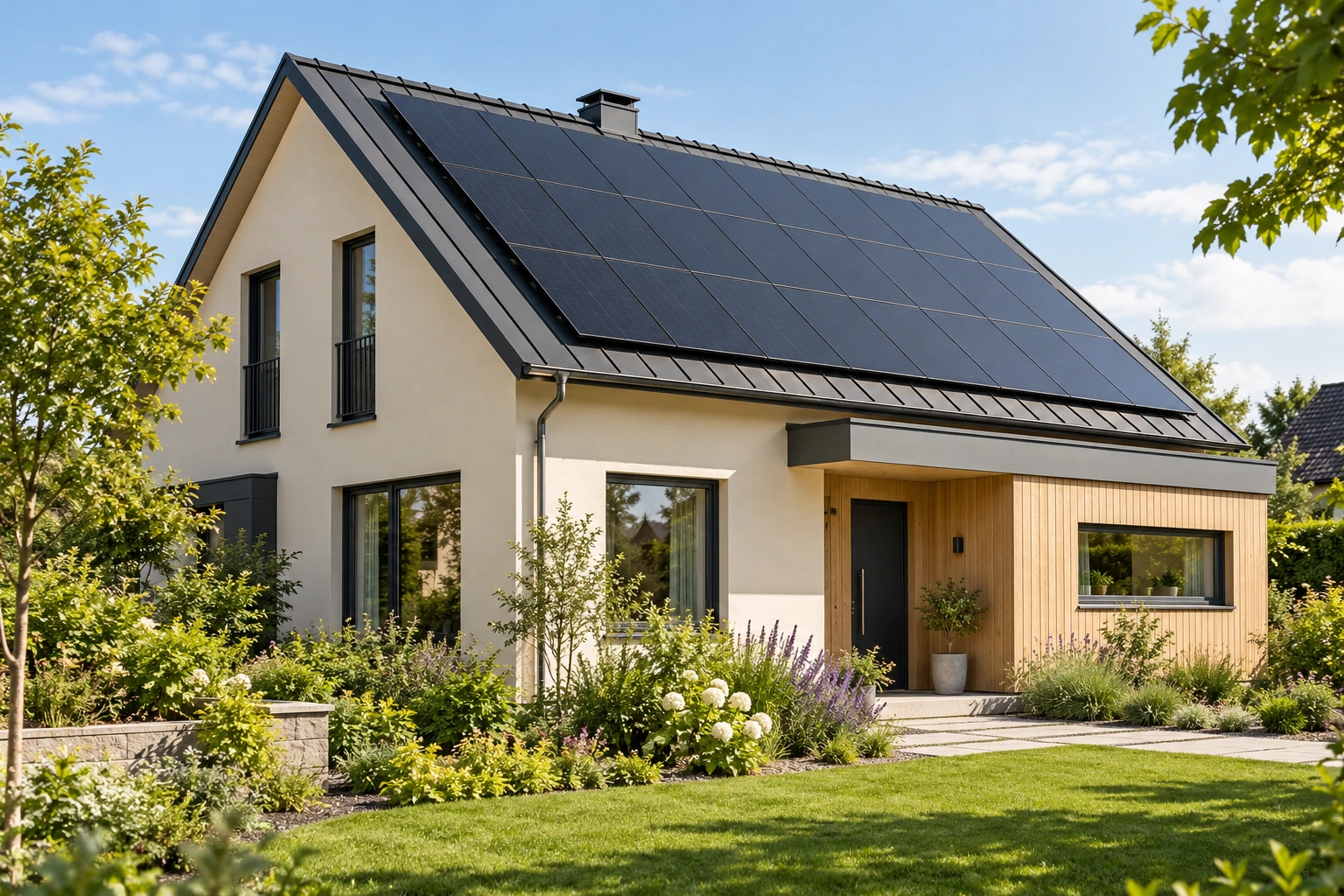 Modernes Wohnhaus mit schwarzer Photovoltaikanlage auf dem Dach und gepflegtem Garten.
