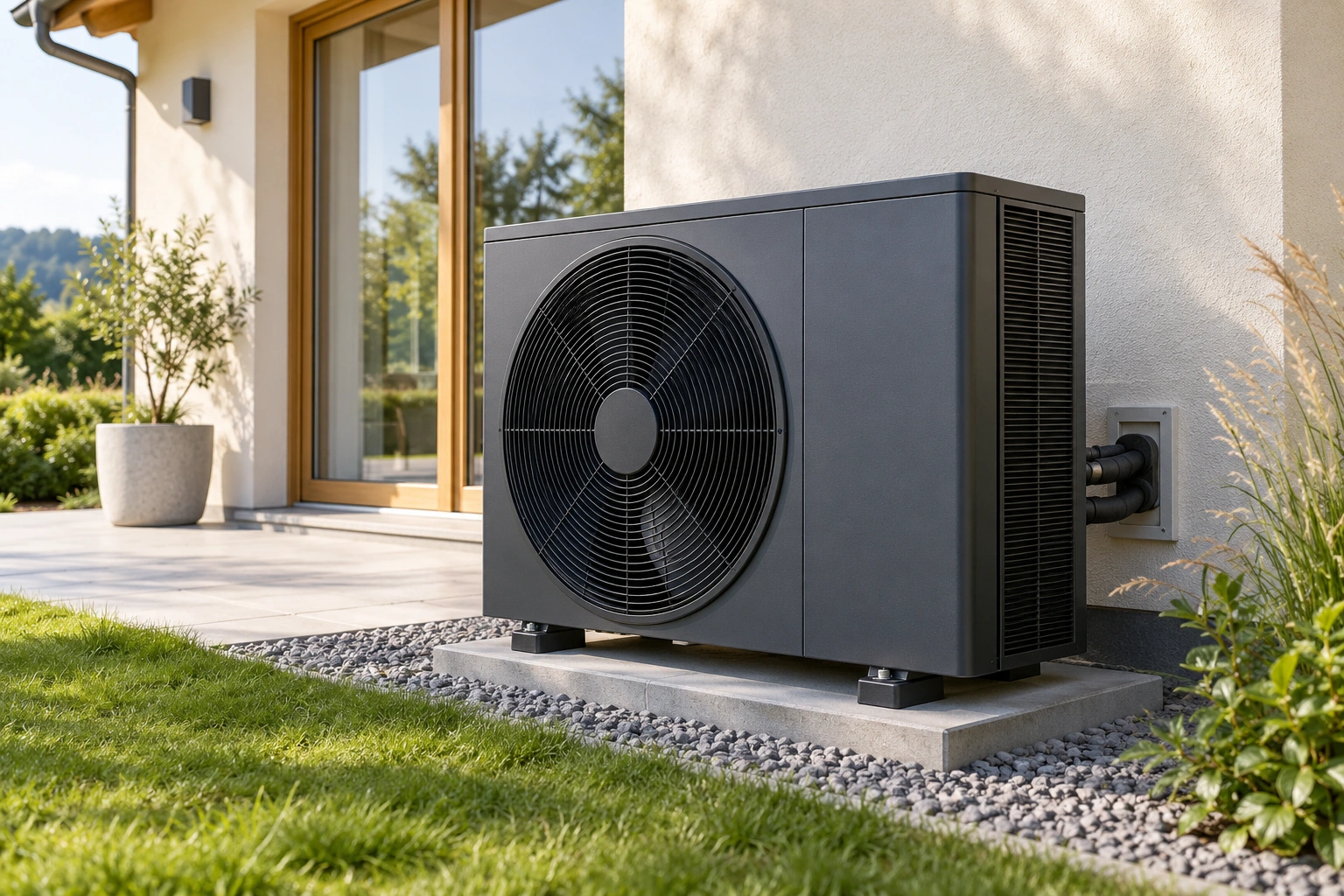 Moderne Luft-Wasser-Wärmepumpe mit großem Ventilator neben einem Wohnhaus.