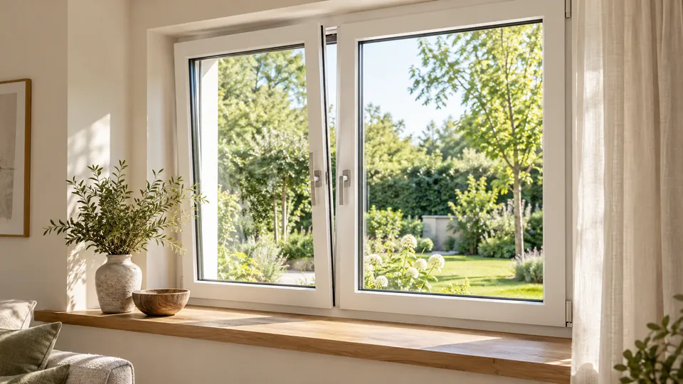 Ein weißes zweiflügeliges Fenster mit Holzfensterbank und Blick in einen grünen Garten.