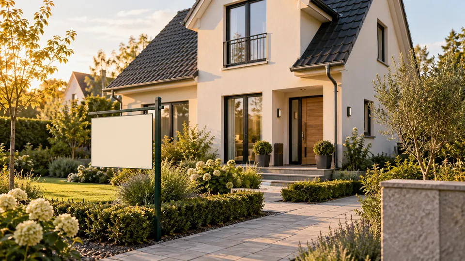 Ein helles Einfamilienhaus mit Garten und einem unbeschrifteten Verkaufsschild am Weg.