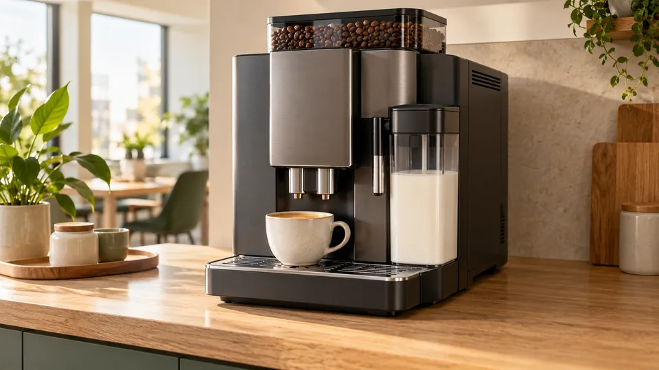 Ein Kaffeevollautomat mit Bohnenbehälter und einer Tasse auf einer Arbeitsplatte aus Holz.