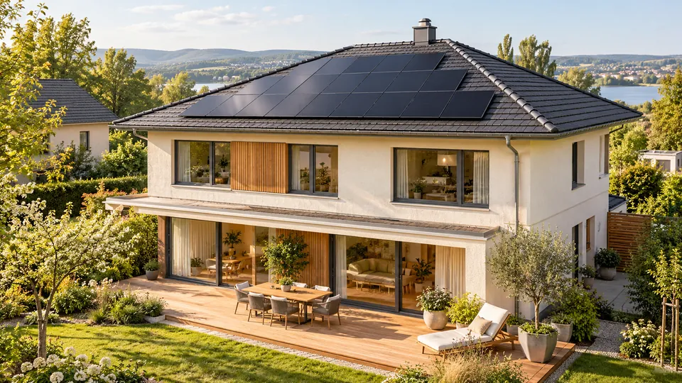 Photovoltaikmodule auf dem dunklen Dach eines hellen Wohnhauses mit Terrasse und Garten.