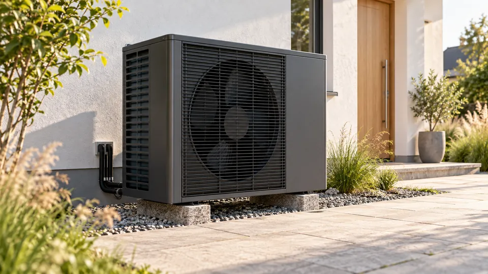 Eine Luft-Wasser-Wärmepumpe mit sichtbarem Ventilator im Innenhof eines Wohnhauses.