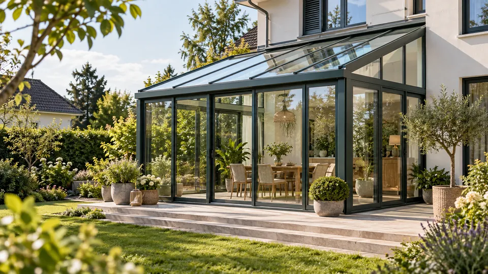 Ein geschlossener Wintergarten mit dunklen Rahmen, Glasdach und Blick auf eine Terrasse.