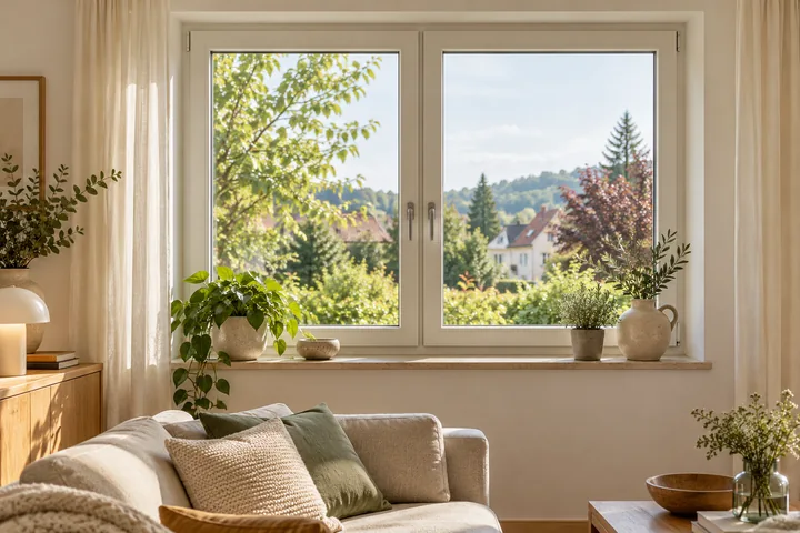 Zweiflügeliges Fenster mit Blick in einen Garten