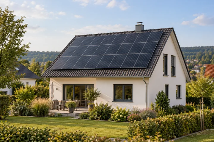 Solarmodule auf dem Ziegeldach eines Einfamilienhauses