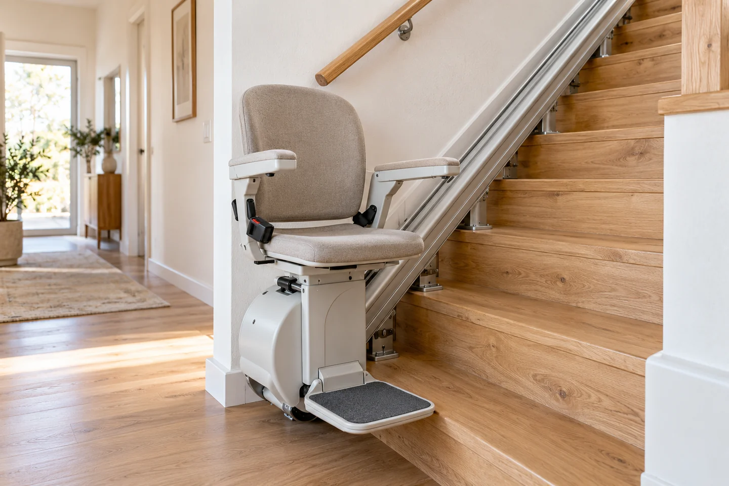 Moderner Treppenlift mit Sitz, Armlehnen und Fußstütze an einer hellen Holztreppe