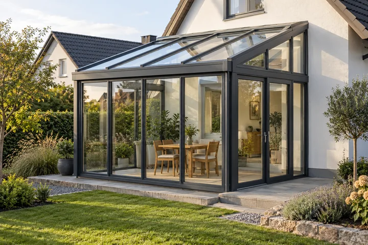Verglaster Wintergarten an einem Wohnhaus