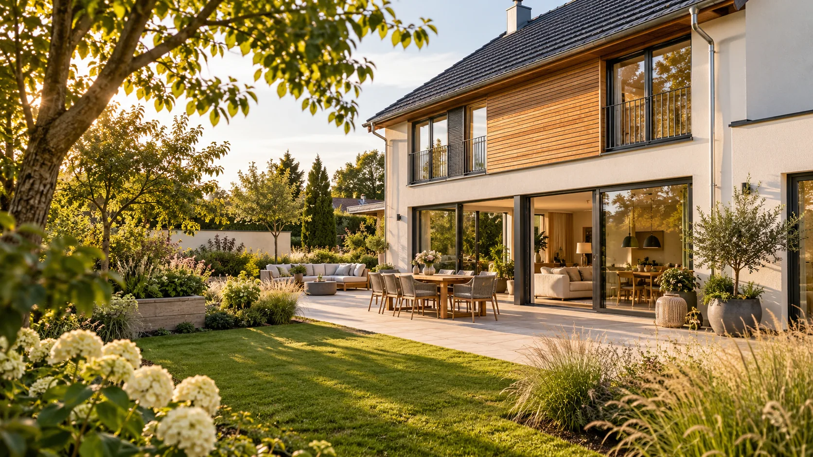 Einladendes Haus mit Terrasse, warmen Holzflächen und grünem Garten