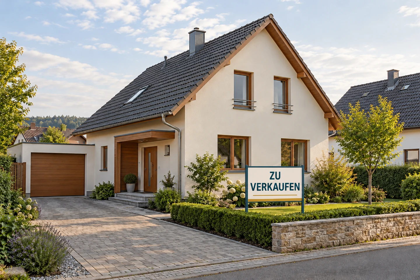 Einfamilienhaus mit einem Zu-verkaufen-Schild im Vorgarten.