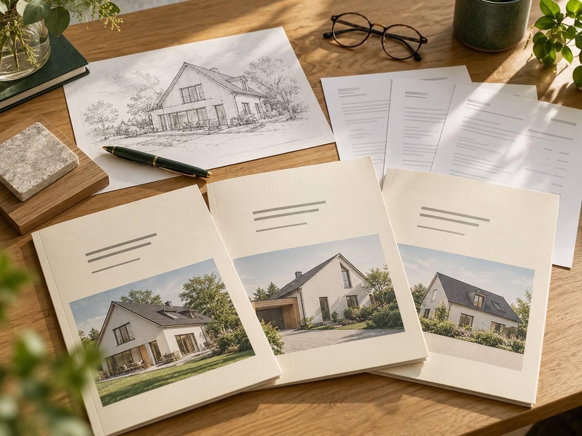 Drei Angebotsmappen und Projektunterlagen auf einem hellen Holztisch