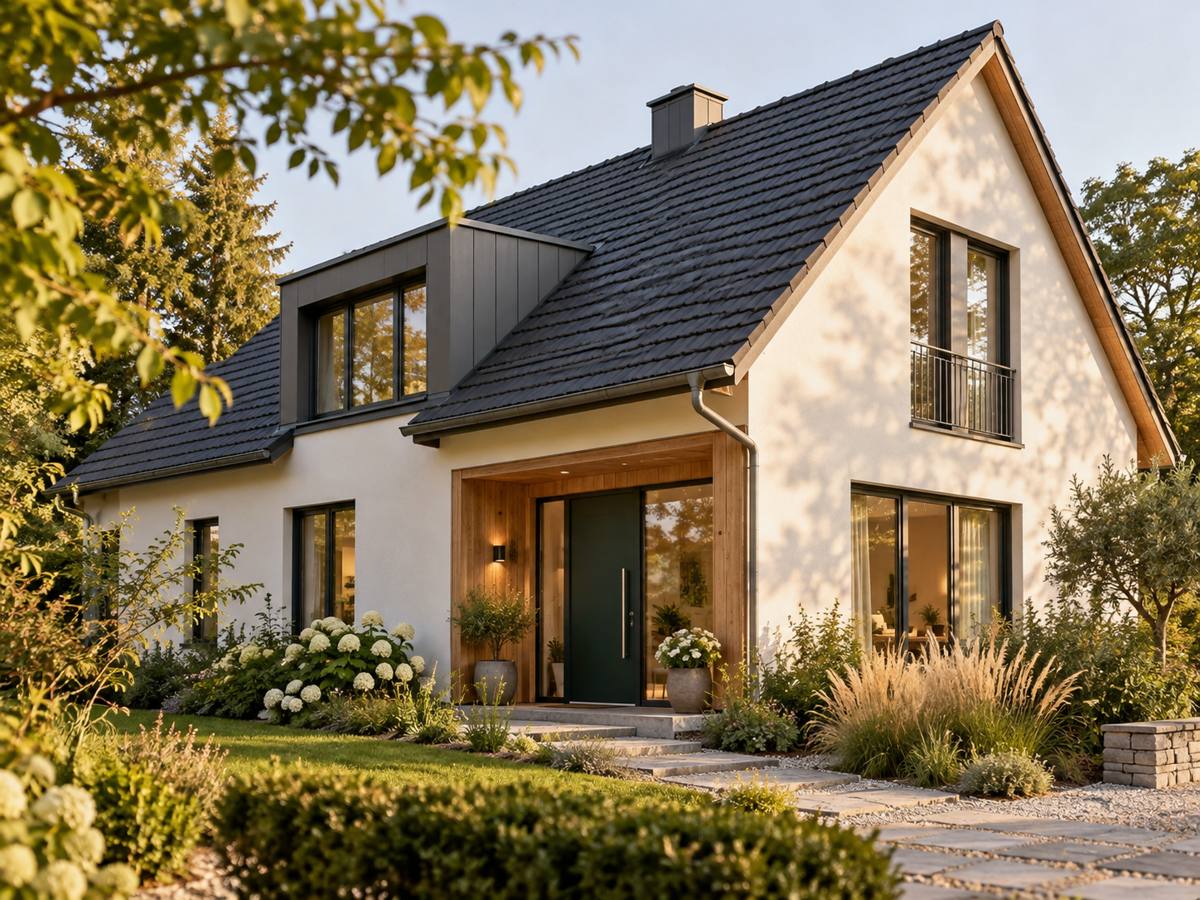 Ein einladendes Zuhause mit Garten und dunkelgrüner Haustür